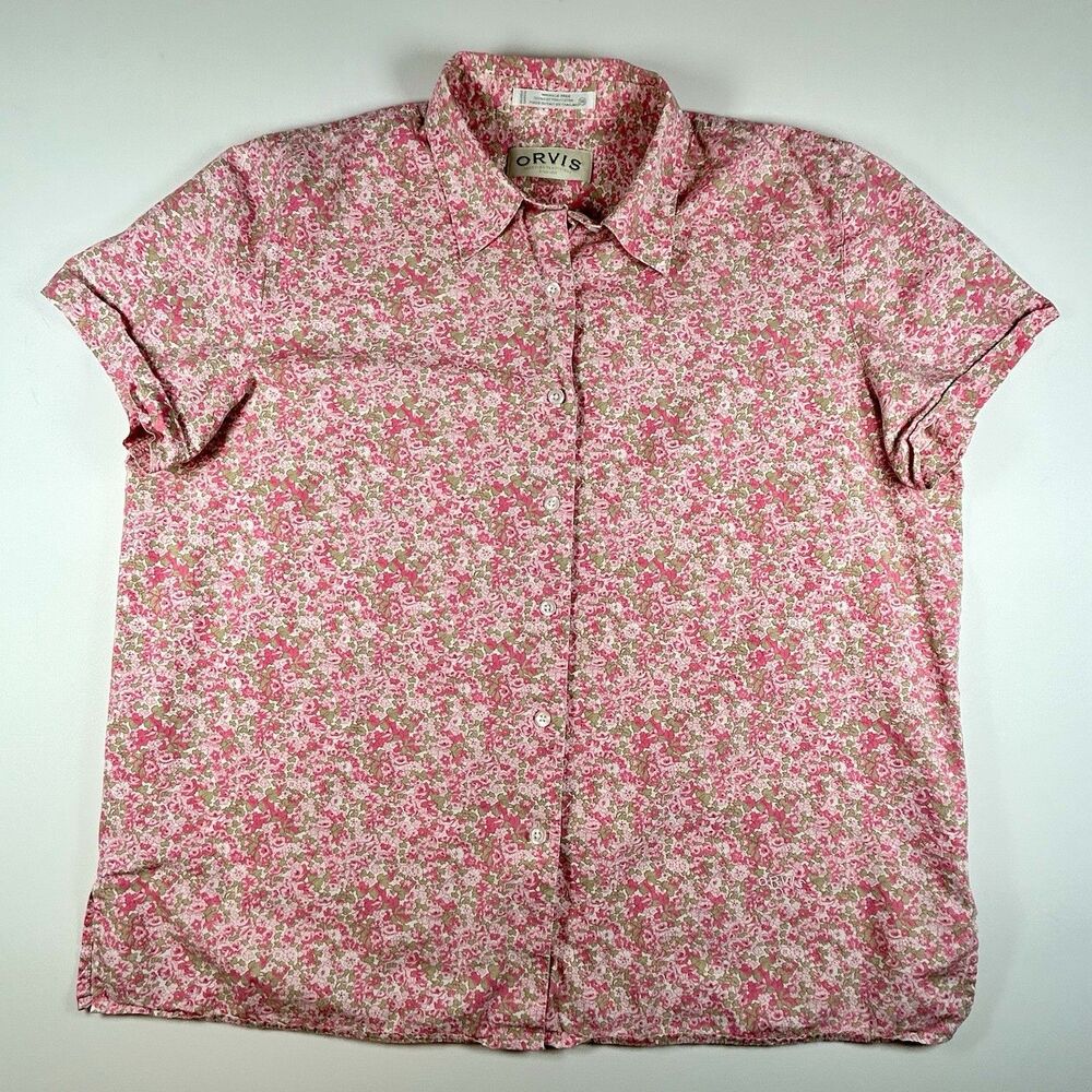 Orvis Pink Floral Cotton Shirt Womens Sz 16 Short Sleeve Button Down Ditsy Print